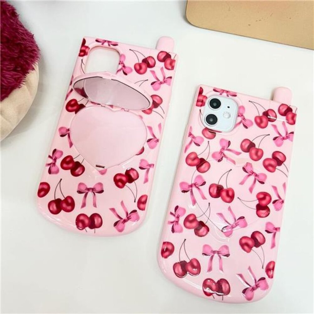 Iphone 16 16 Pro Max Cute Pink Cherry Bow Kawaii 3D Mirror Shockproof Cover